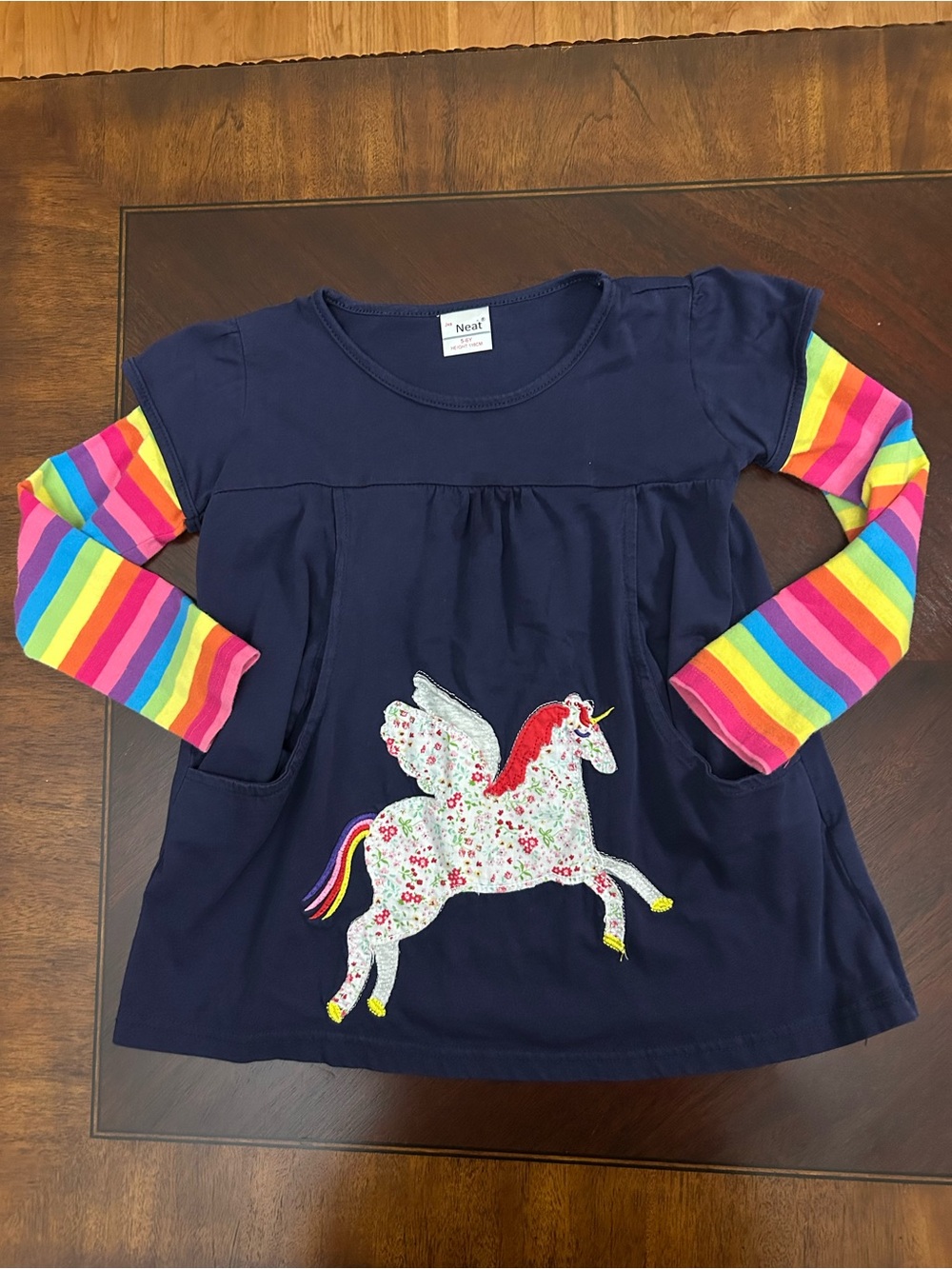 JoJo Maman Bebe Girls 5-6Y Unicorn Dress Rainbow Stripe Applique Navy 116